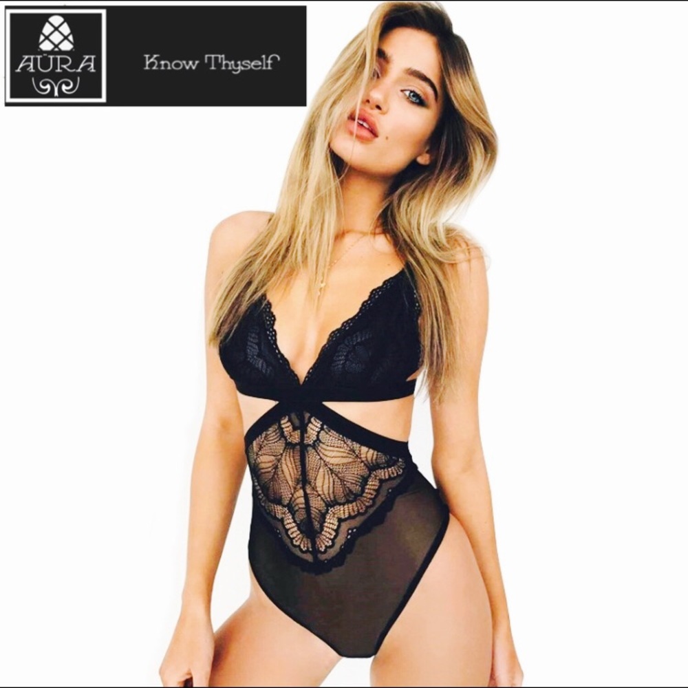 Elegant Black Mesh Body Suit Blouse Lingerie